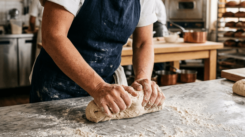 Chef hands kneading fresh bread dough on flour-dusted marble countertop
