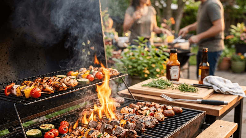 Outdoor grill with vegetables and meat sizzling over flames