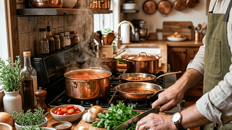 Chef preparing fresh herbs in a warm rustic kitchen