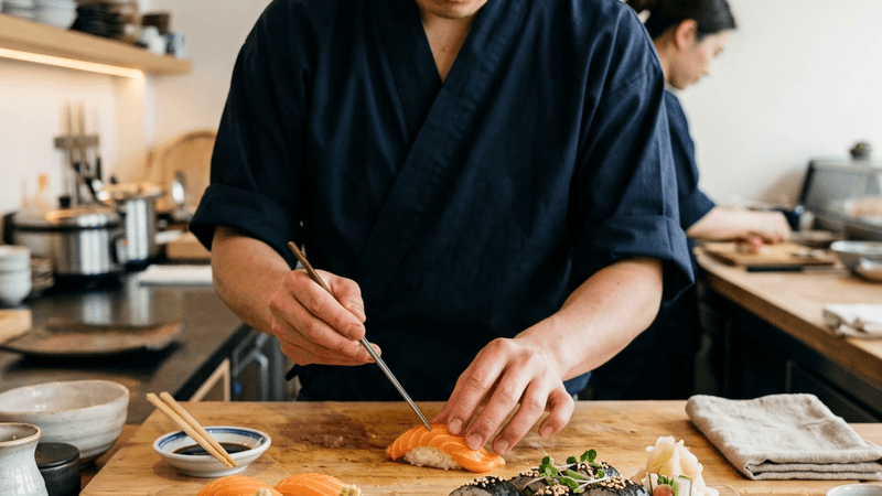 Fresh sushi being prepared with salmon nigiri and maki rolls on bamboo board